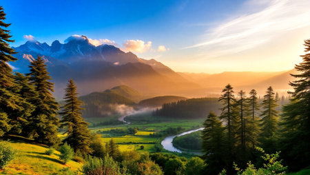 Mountain landscape at sunrise. Panorama of the mountain valley.の写真素材