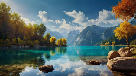 Beautiful autumn landscape with alpine lake and mountains reflected in waterの写真素材