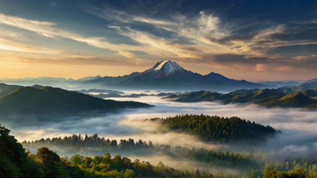 Mt. Fuji in the morning mist. Landscape with fog and clouds.の写真素材