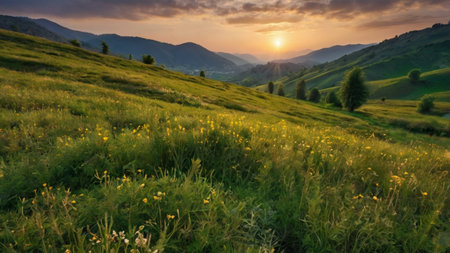 Meadow in Carpathian mountains at sunset, Ukraine.の写真素材