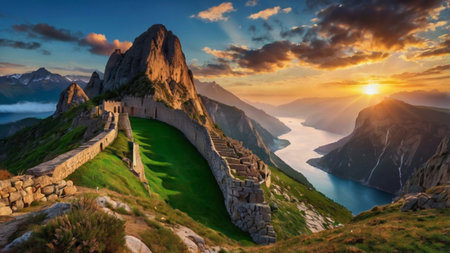 Beautiful panoramic view of Sass Pordoi at sunset. Dolomites, Italyの写真素材