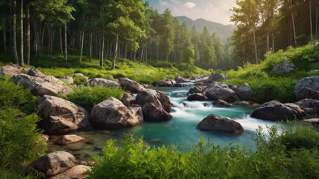 Panoramic view of the mountain river. Beautiful summer landscape.の写真素材