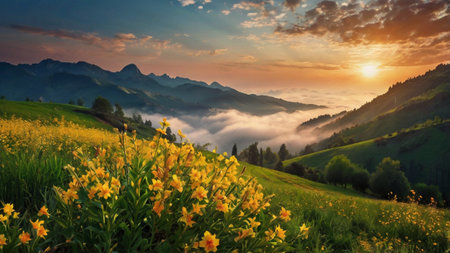 Beautiful spring landscape in the mountains. Sunrise over the meadow with yellow flowers