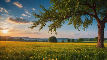 Beautiful summer landscape with trees and meadow under blue sky with clouds
