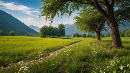 Green meadow with trees and mountains in the background, panorama