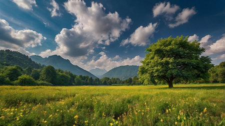 Beautiful summer landscape with a green meadow and a big treeの写真素材