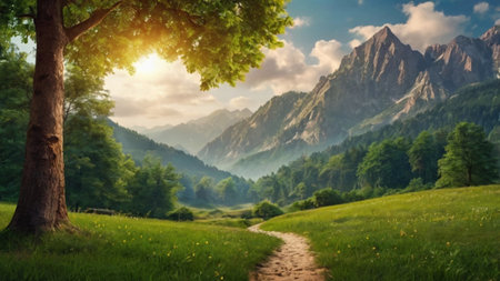 Beautiful summer landscape with green meadow and mountains in the backgroundの写真素材