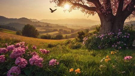 Beautiful spring landscape with blossoming tree and meadow at sunsetの写真素材