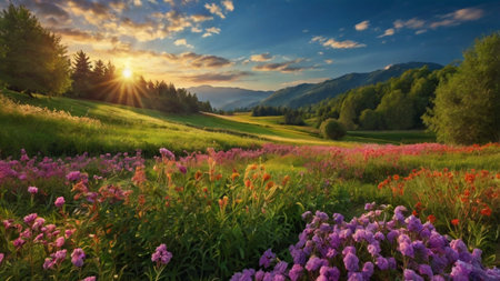 Beautiful summer landscape with meadow and flowers. Sunset in the mountains.の写真素材