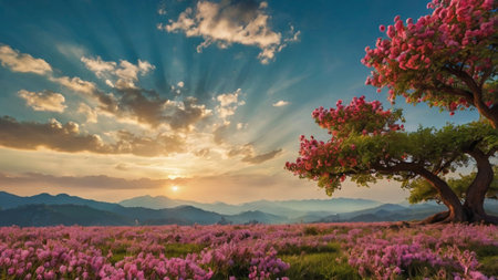 Beautiful sunset in the mountains with blooming azalea flowersの写真素材
