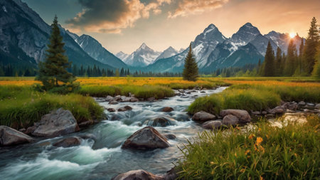 Panoramic view of mountain river at sunset. Beautiful summer landscapeの写真素材