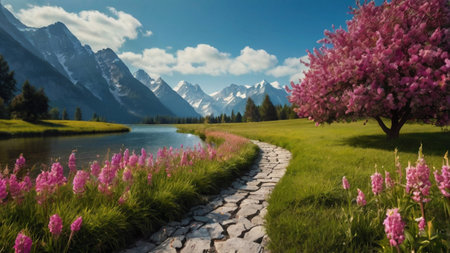 Beautiful panoramic view of the lake, mountains and pink flowers