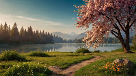 Beautiful spring landscape with blooming tree, lake and mountains.
