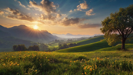 Sunset in Tuscany, Italy. Panoramic view of the hills and meadows.の写真素材