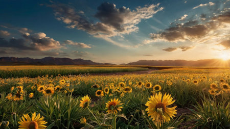 Sunflower field at sunset. Beautiful nature background with sunflowers.の写真素材