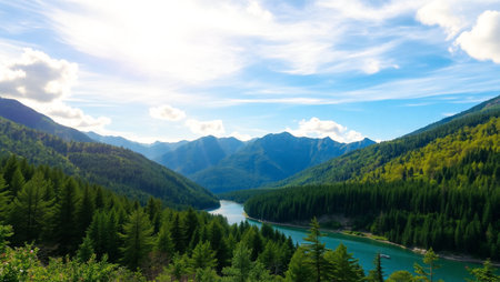 Landscape view of the mountains and the river in the valley.の写真素材