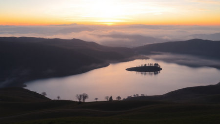 Beautiful sunrise over the lake in the mountains. Landscape.の写真素材