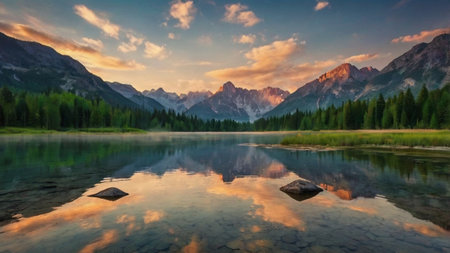 Mountain lake with reflection of mountains at sunrise. Dolomites, Italyの写真素材