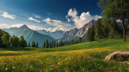 Panorama of the Dolomites and meadows, Italy, Europe