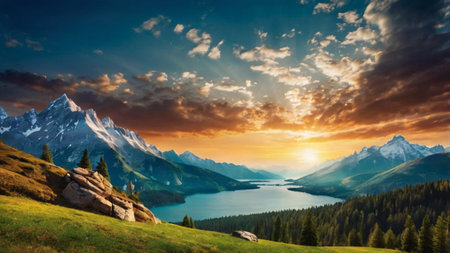 Mountain landscape at sunset. Panoramic view of the lake.の写真素材