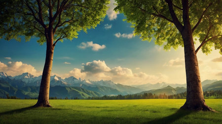 Beautiful summer landscape with green meadow, trees and mountains.の写真素材