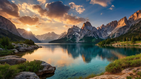 Beautiful view of the lake and mountains at sunset, Dolomites, Italyの写真素材