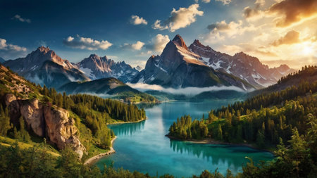 Panoramic view of the lake in the mountains at sunset.