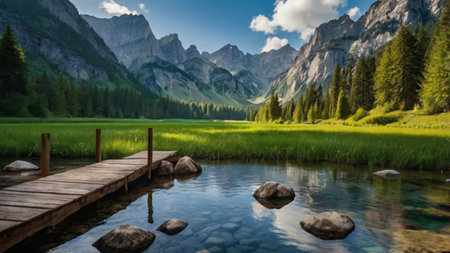 Mountain lake in the Dolomites, South Tyrol, Italyの写真素材