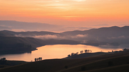 Beautiful landscape with lake and hills in the fog at sunrise.の写真素材