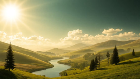 Beautiful landscape with a lake in the mountains in the rays of the sunの写真素材