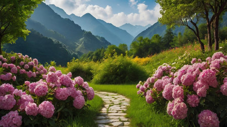 Pink hydrangea flowers bloom in the garden on a sunny summer day