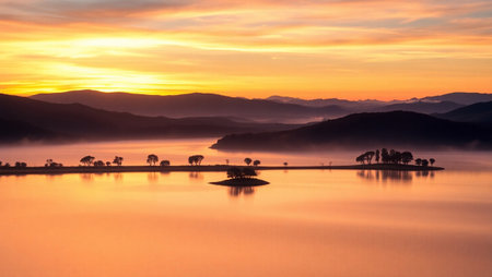 Sunrise on the lake with fog and mountains in the background.の写真素材