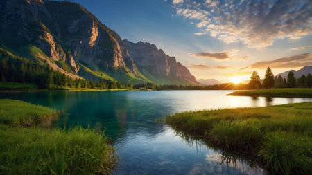 Mountain lake in Dolomites at sunrise. Italy, Europeの写真素材