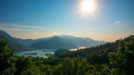 Beautiful landscape of mountains and lake in the morning, Montenegro