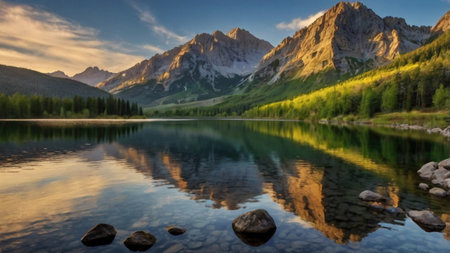 Beautiful mountain lake with reflection of the mountains in the water.