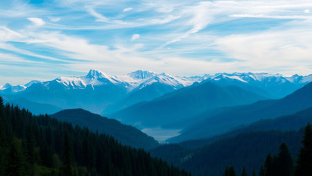 Beautiful mountain landscape with snow covered peaks in the clouds. Carpathians, Ukraine