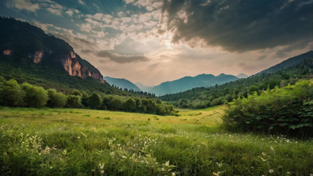 Mountain landscape with meadow and forest at sunset in summer.