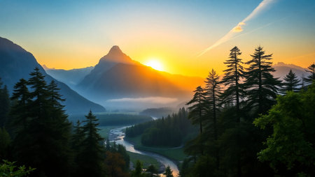 Mountain landscape with river and forest at sunrise. Dolomites, Italyの写真素材