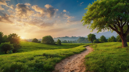 Beautiful summer landscape with green meadow and trees at sunset.の写真素材