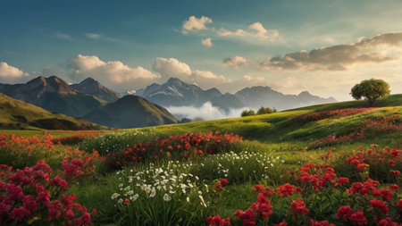 panoramic view of alpine meadow with red poppies