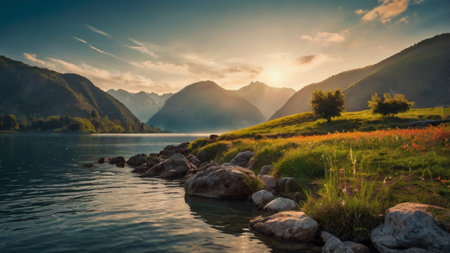 Panoramic view of the lake and mountains at sunset. Beautiful summer landscape.
