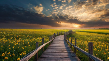 Wooden path leading to the field of yellow flowers and sunset sky