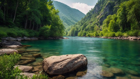 Beautiful view of the mountain river in the forest. Beautiful summer landscape.の写真素材