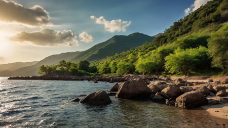Beautiful seascape with mountains and river. Nature composition.