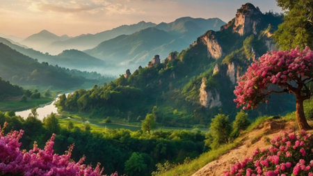 Mountain landscape with blooming pink rhododendron flowersの写真素材