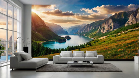 modern bright interiors apartment Living room with lake view and sofa 3D rendering illustration