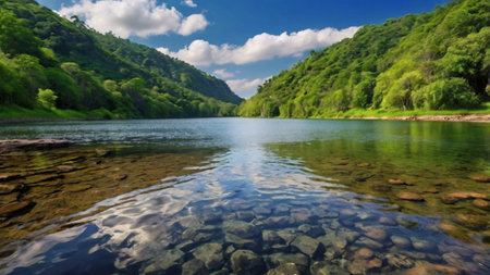 Landscape of mountain river and blue sky with clouds reflected in water
