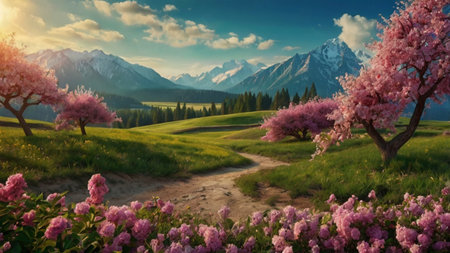 Beautiful spring landscape with blooming trees and mountains in the background