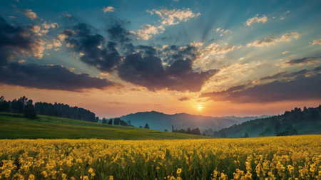 Sunset over a field of yellow flowers and mountains in the background