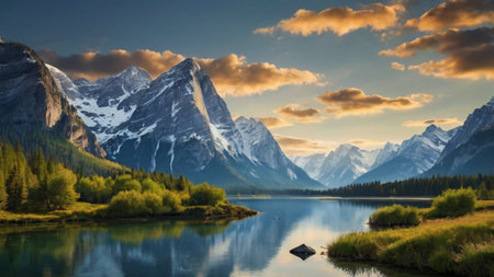 Mountain lake with reflection of snow-capped peaks at sunset